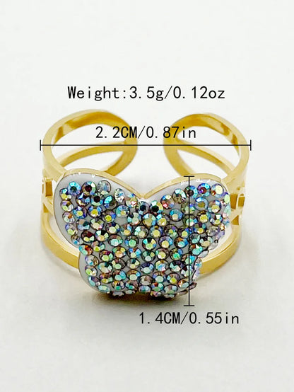 Nordic Style Glam Butterfly Stainless Steel Gold Plated Rhinestones Open Ring In Bulk