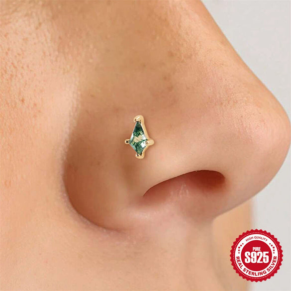 Nose Piercing Jewelry 925 Sterling Silver Natural Aquatic Moss Agate Geometric Environmentally Friendly Electroplated