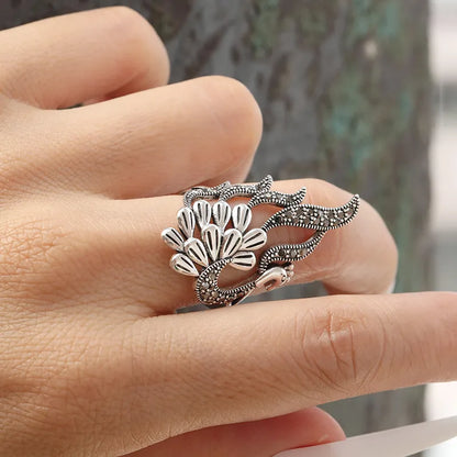 Novelty Ethnic Style Peacock Sterling Silver Inlay Zircon Rings