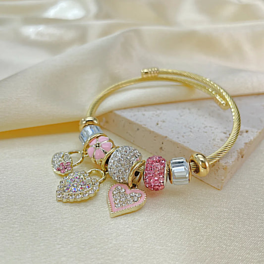 Novelty Heart Shape Alloy Titanium Steel Inlay Zircon Bangle