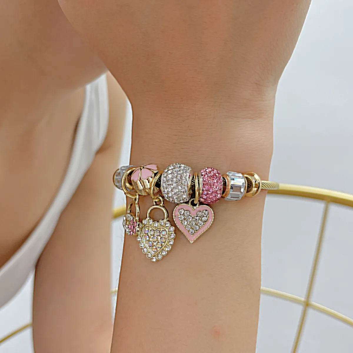 Novelty Heart Shape Alloy Titanium Steel Inlay Zircon Bangle