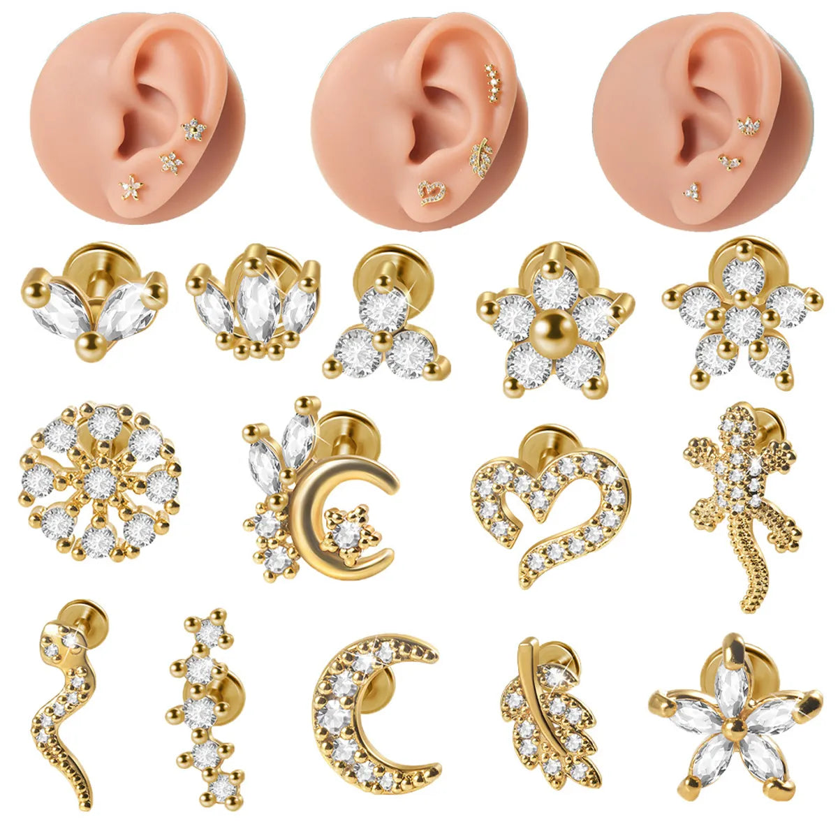 Novelty Heart Shape Stainless Steel Plating Inlay Zircon Lip Stud Ear Studs