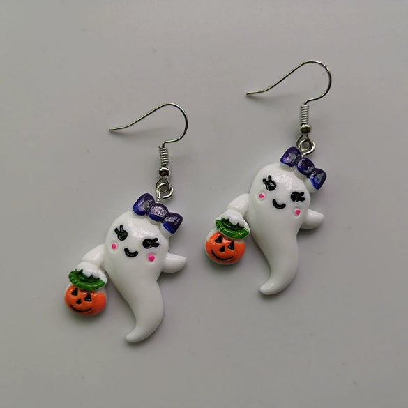 Novelty Resin Halloween Earrings With Pumpkin Skull Ghost And Cat Designs Exaggerated Costume Jewelry Accessories