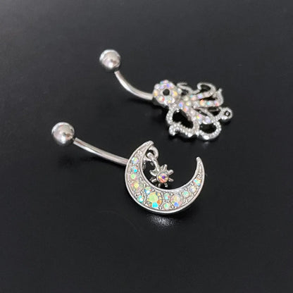 Novelty Streetwear Animal Moon Stainless Steel Plating Inlay Rhinestones White Gold Plated Belly Ring