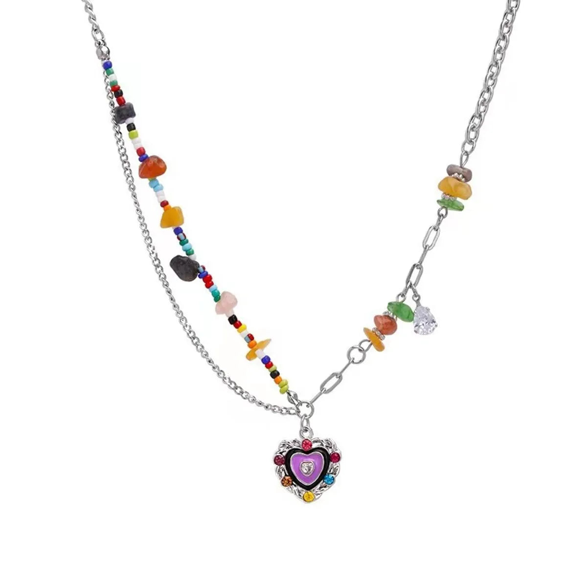 Novelty Sweet Round Heart Shape Flower Beaded Alloy Soft Clay Inlay Zircon Women's Pendant Necklace