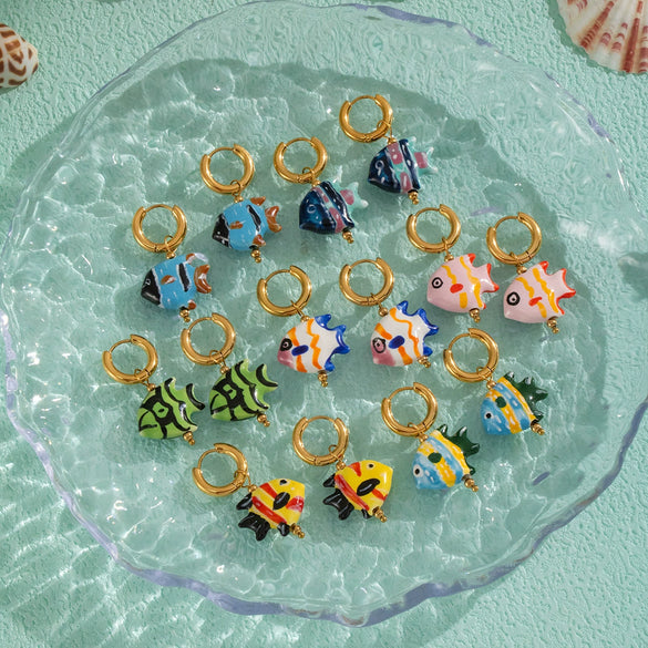 Ocean Colored Ceramic Small Fish Lucky Koi Earrings With Enamel Oil Painting And Electroplating Design