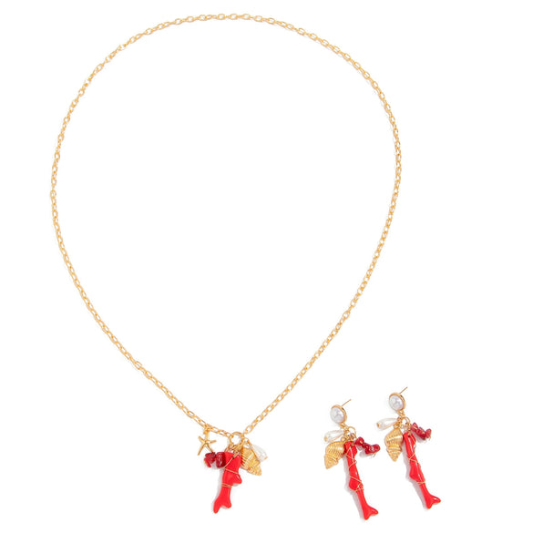 Ocean Style Metal Red Coral Conch Pendant Long Necklace With Imitation Pearl Starfish Chain Electroplated For Women