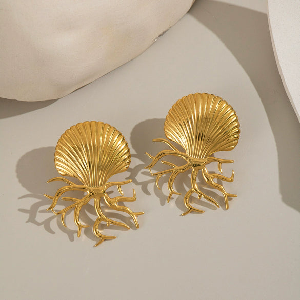 Ocean Style Shell Coral Octopus Exaggerated Earrings Jewelry In Titanium Steel With Electroplating For Women