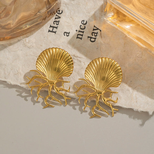 Ocean Style Shell Coral Octopus Exaggerated Earrings Jewelry In Titanium Steel With Electroplating For Women