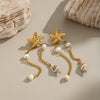Ocean Style Starfish And Conch Natural Freshwater Pearl Tassel Earrings In Stainless Steel With Electroplating Women's Seaside Accessories