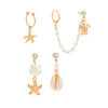 Ocean Style Starfish Scallop Shell Turtle Imitation Pearl Ear Clip Set And Chain Tassel Earrings With Geometric Pattern And Electroplating