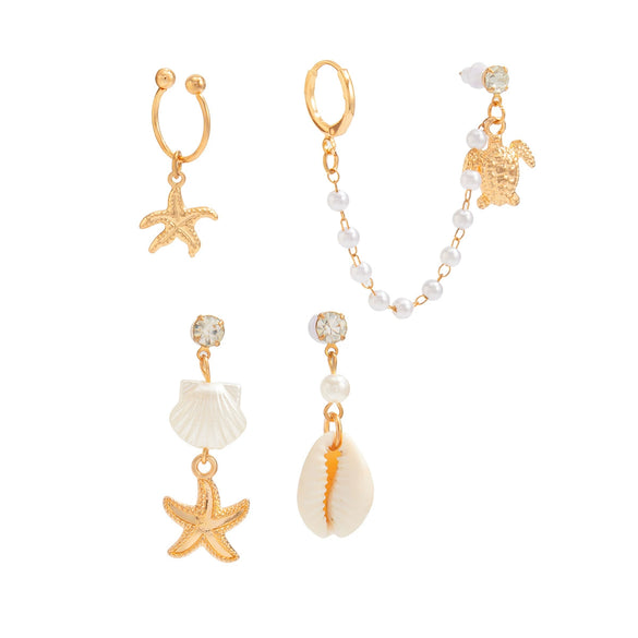 Ocean Style Starfish Scallop Shell Turtle Imitation Pearl Ear Clip Set And Chain Tassel Earrings With Geometric Pattern And Electroplating