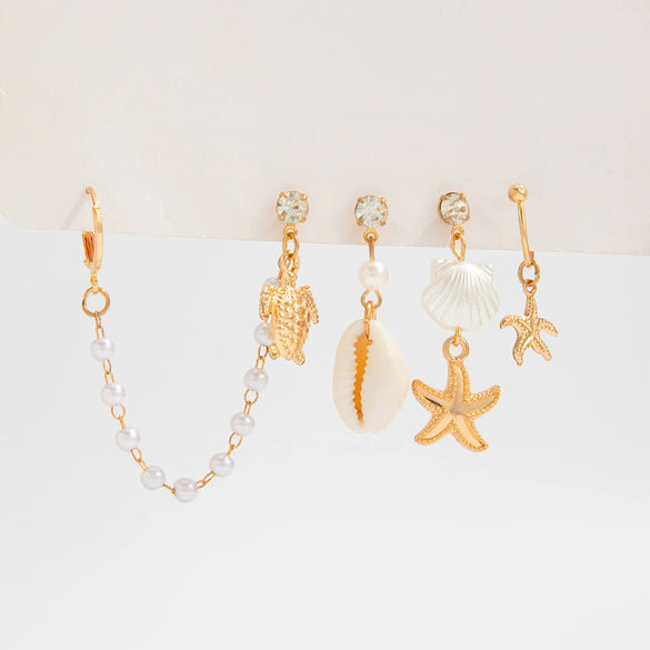 Ocean Style Starfish Scallop Shell Turtle Imitation Pearl Ear Clip Set And Chain Tassel Earrings With Geometric Pattern And Electroplating