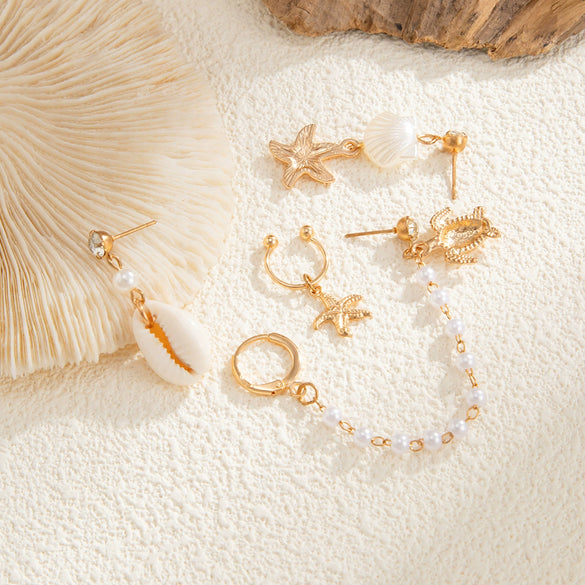 Ocean Style Starfish Scallop Shell Turtle Imitation Pearl Ear Clip Set And Chain Tassel Earrings With Geometric Pattern And Electroplating