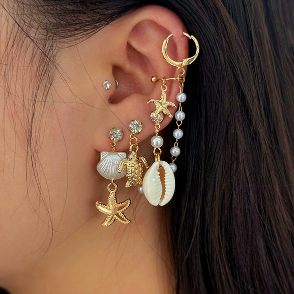 Ocean Style Starfish Scallop Shell Turtle Imitation Pearl Ear Clip Set And Chain Tassel Earrings With Geometric Pattern And Electroplating