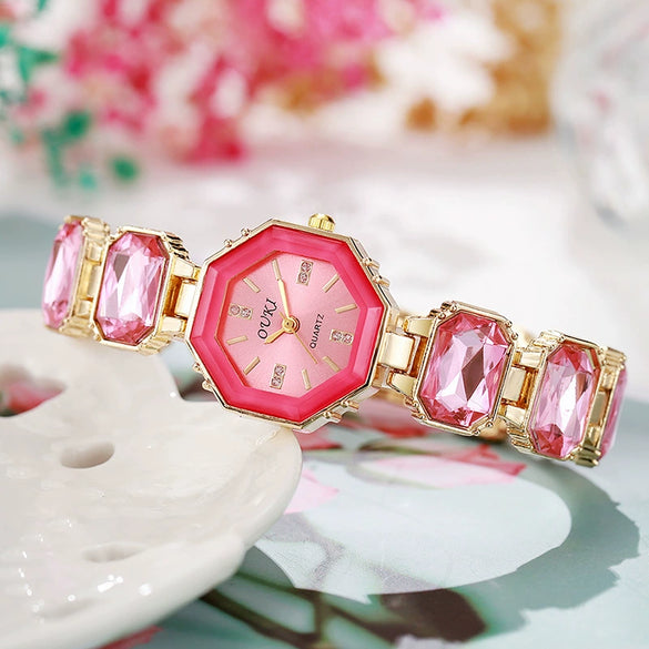 Octagonal Round Casual Women's Alloy Bracelet Watch With Rose Gold Buckle