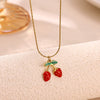 Oil Drip Fruit And Leaf Pendant Necklace In Stainless Steel With Cherry Strawberry And Chili Motifs Oshaped Chain Unisex Jewelry