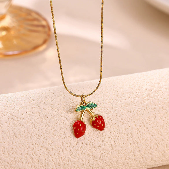 Oil Drip Fruit And Leaf Pendant Necklace In Stainless Steel With Cherry Strawberry And Chili Motifs Oshaped Chain Unisex Jewelry