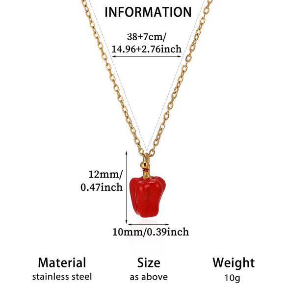 Oil Drip Fruit And Leaf Pendant Necklace In Stainless Steel With Cherry Strawberry And Chili Motifs Oshaped Chain Unisex Jewelry