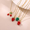Oil Drip Fruit And Leaf Pendant Necklace In Stainless Steel With Cherry Strawberry And Chili Motifs Oshaped Chain Unisex Jewelry