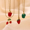 Oil Drip Fruit And Leaf Pendant Necklace In Stainless Steel With Cherry Strawberry And Chili Motifs Oshaped Chain Unisex Jewelry