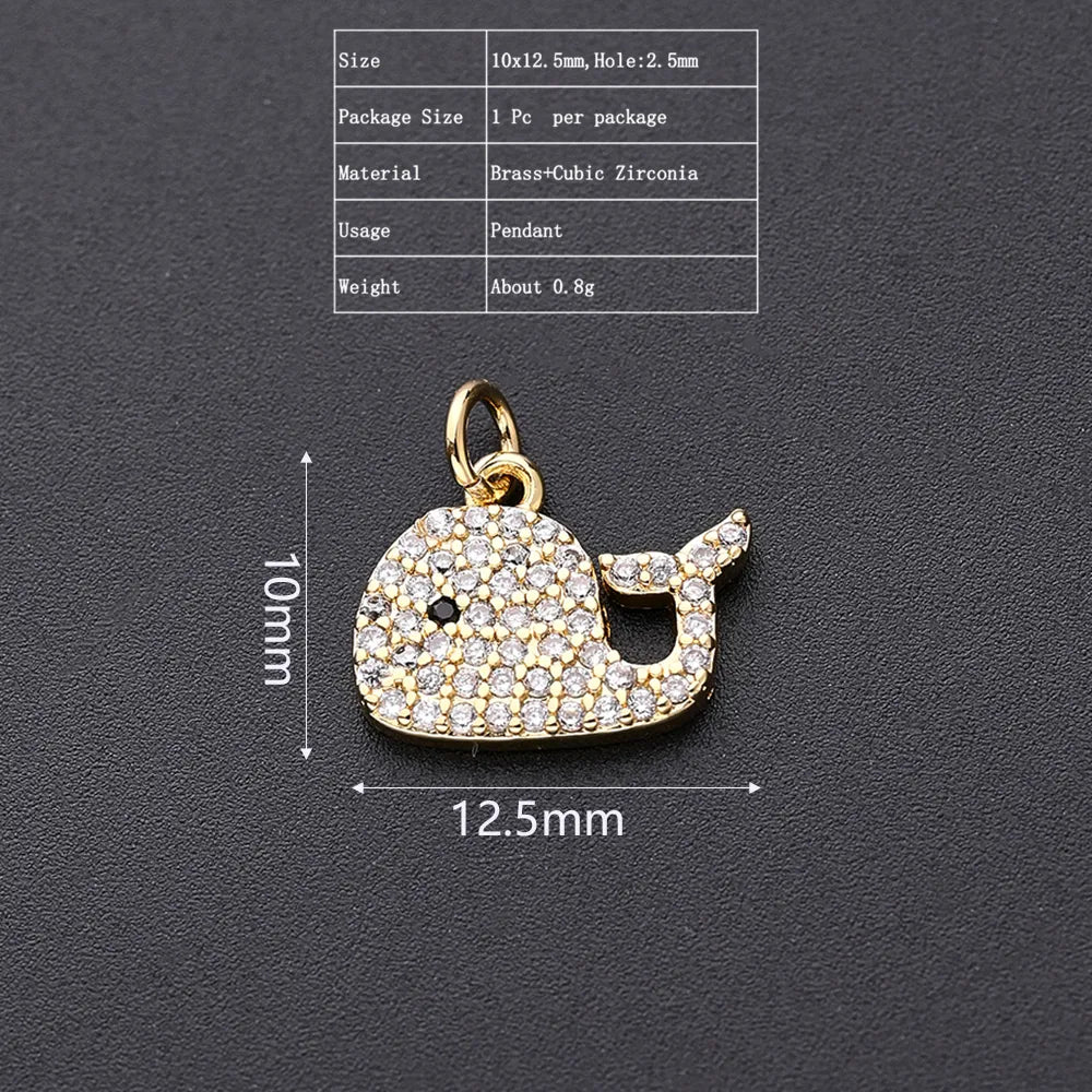 One Pack 12.5*10mm Hole 2~2.9mm Copper Zircon Gold Plated Whale Polished Pendant