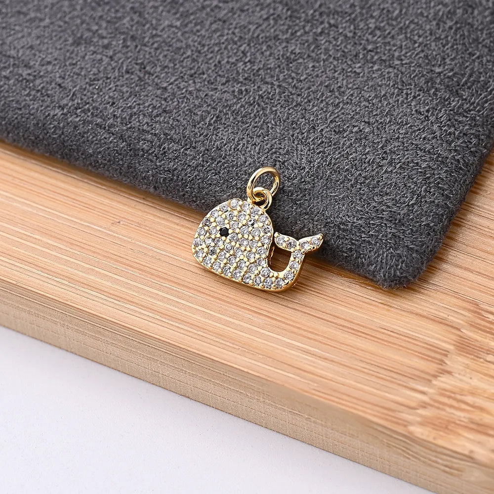 One Pack 12.5*10mm Hole 2~2.9mm Copper Zircon Gold Plated Whale Polished Pendant