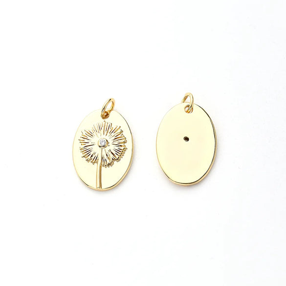 One Pack 13.5*19.5mm Hole 3~3.9mm Copper Zircon Gold Plated Oval Simple Dandelion Polished Pendant