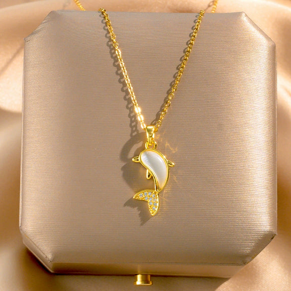 Opal Dolphin Titanium Steel Necklace With Mixed Gem Inlay Animal Zodiac Style