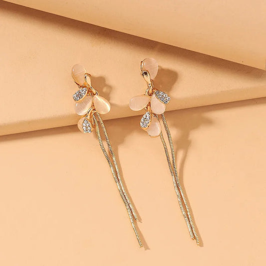 Opal Five Petals Diamond Long Earrings