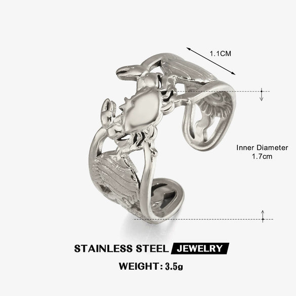 Open Stainless Steel Crab Ring For Women With Ocean Inspired Tropical Fish Design And Electroplated Minimalist Finish