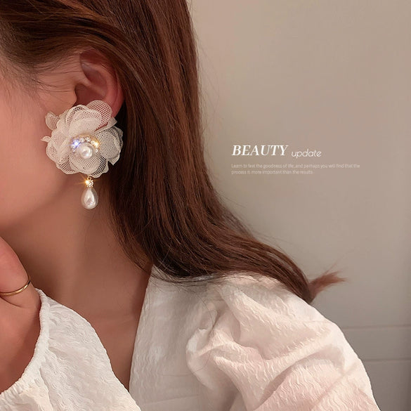 Organza Mesh White Flower Pearl Earrings For Women Sweet Floral Fairy Style Statement Earrings