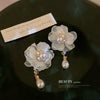 Organza Mesh White Flower Pearl Earrings For Women Sweet Floral Fairy Style Statement Earrings