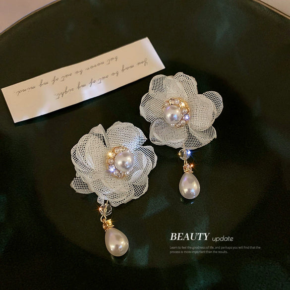Organza Mesh White Flower Pearl Earrings For Women Sweet Floral Fairy Style Statement Earrings