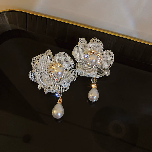 Organza Mesh White Flower Pearl Earrings For Women Sweet Floral Fairy Style Statement Earrings