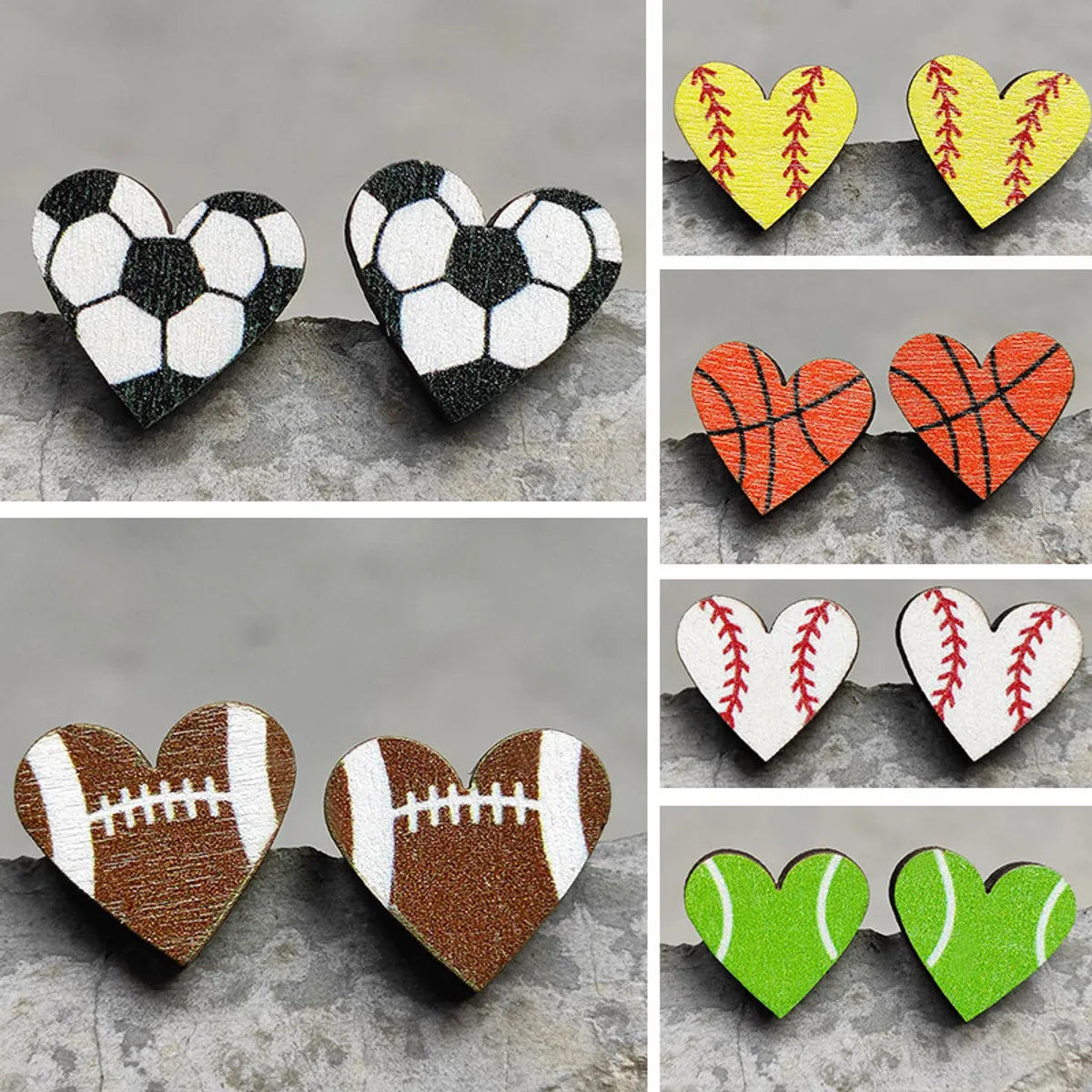 Original Design Basketball Football Wood Women's Ear Studs 1 Pair