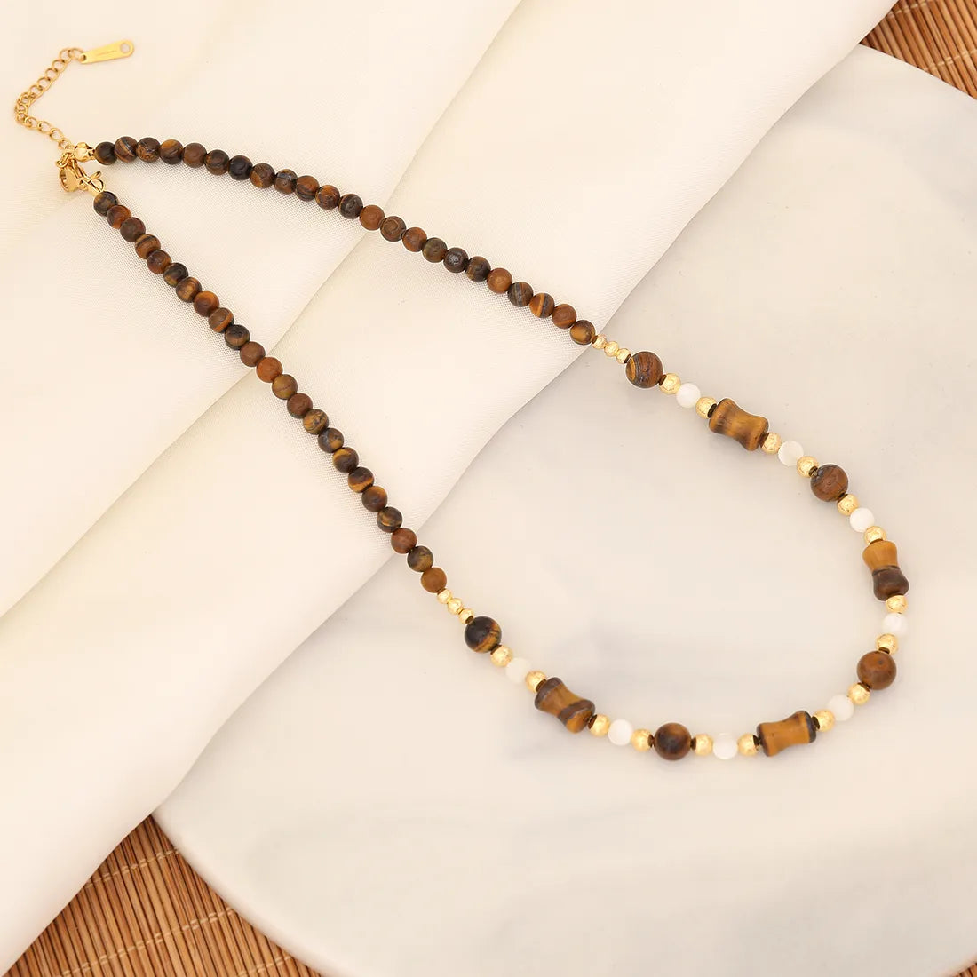 Original Design Commute Color Block Stainless Steel Tiger Eye Beaded Handmade 18K Gold Plated Women'S Necklace