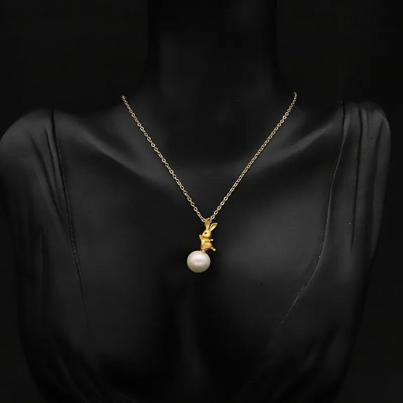 Original Design Rabbit Freshwater Pearl Sterling Silver Plating 18k Gold Plated Pendant Necklace