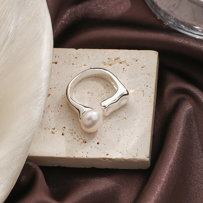 Original Design Simple Style Round Freshwater Pearl Copper Plating Inlay Pearl 18k Gold Plated Silver Plated Open Rings