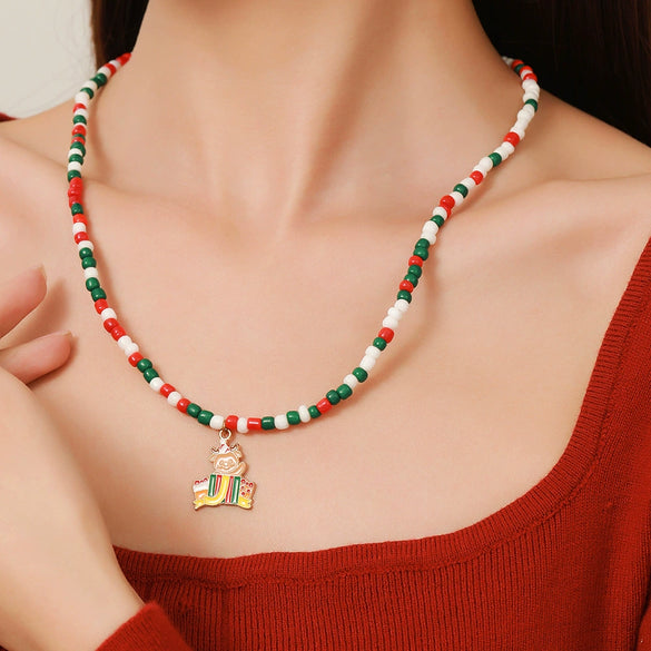 Ornament Christmas Necklace Glass Rice Bead Double Layer Stacked With Clavicle Chain Geometric Style