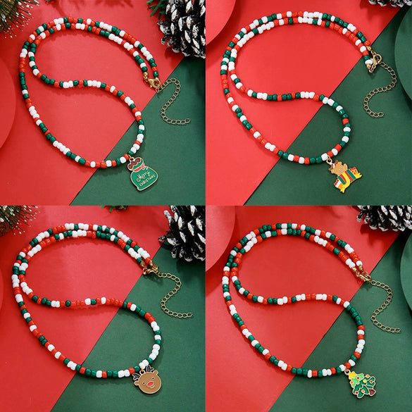 Ornament Christmas Necklace Glass Rice Bead Double Layer Stacked With Clavicle Chain Geometric Style