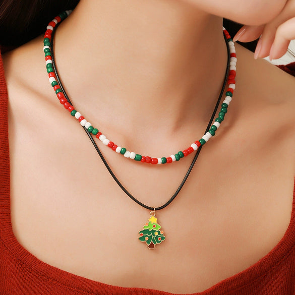 Ornament Christmas Necklace Glass Rice Bead Double Layer Stacked With Clavicle Chain Geometric Style