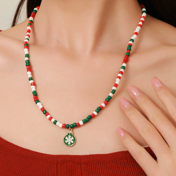 Ornament Christmas Necklace Glass Rice Bead Double Layer Stacked With Clavicle Chain Geometric Style