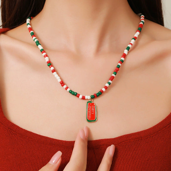 Ornament Christmas Necklace Glass Rice Bead Double Layer Stacked With Clavicle Chain Geometric Style