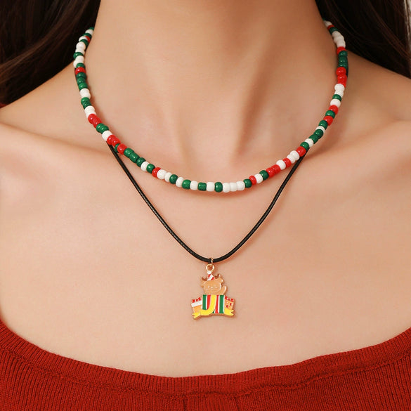 Ornament Christmas Necklace Glass Rice Bead Double Layer Stacked With Clavicle Chain Geometric Style