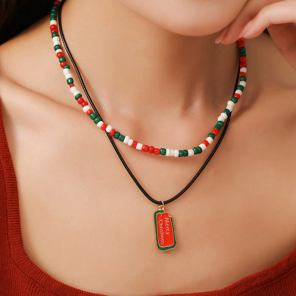 Ornament Christmas Necklace Glass Rice Bead Double Layer Stacked With Clavicle Chain Geometric Style