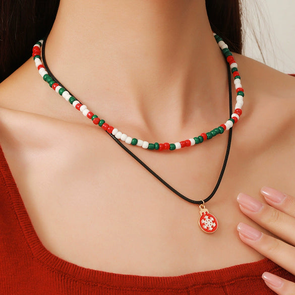 Ornament Christmas Necklace Glass Rice Bead Double Layer Stacked With Clavicle Chain Geometric Style