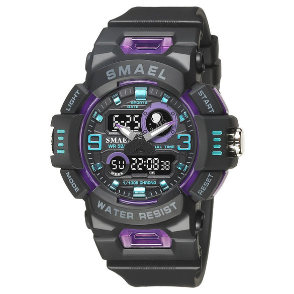 Outdoor Electronic Alarm Sports Watch Dual Display Chronograph Plastic Pu Round Watch