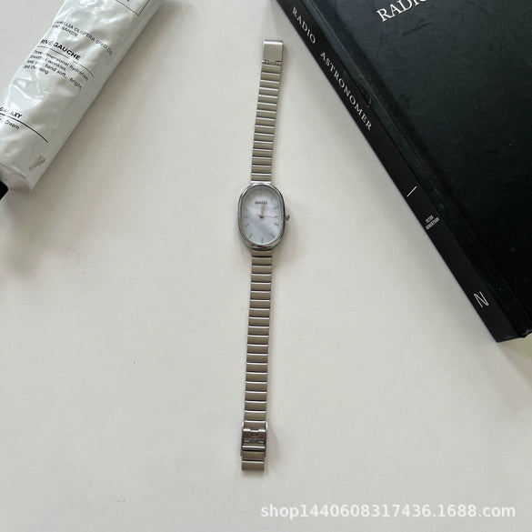 Oval Bamboo And Metal Steel Band Quartz Watch For Female Students Leisure Style Alloy Case Ordinary Glass Mirror