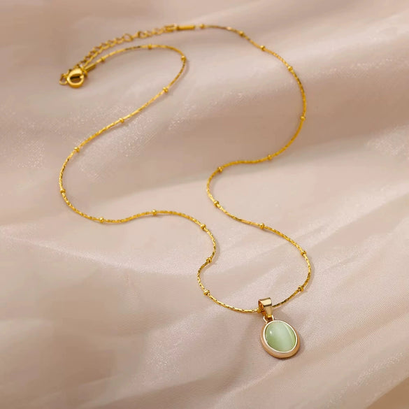 Oval Cat's Eye Pendant Stainless Steel Necklace With Mixed Gemstone Inlay Light Luxury Electroplating Design Unisex Clavicle Chain